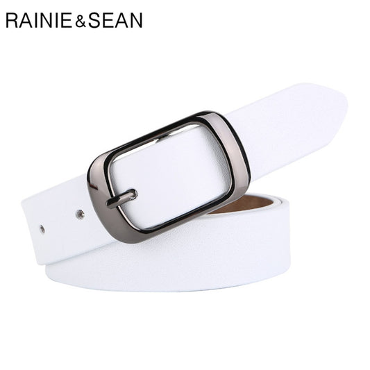 RAINIE SEAN White Belt Women Cowskin Genuine Leather  Women Belt High Quality Brand Buckle Ladies Belts for Jeans 110cm