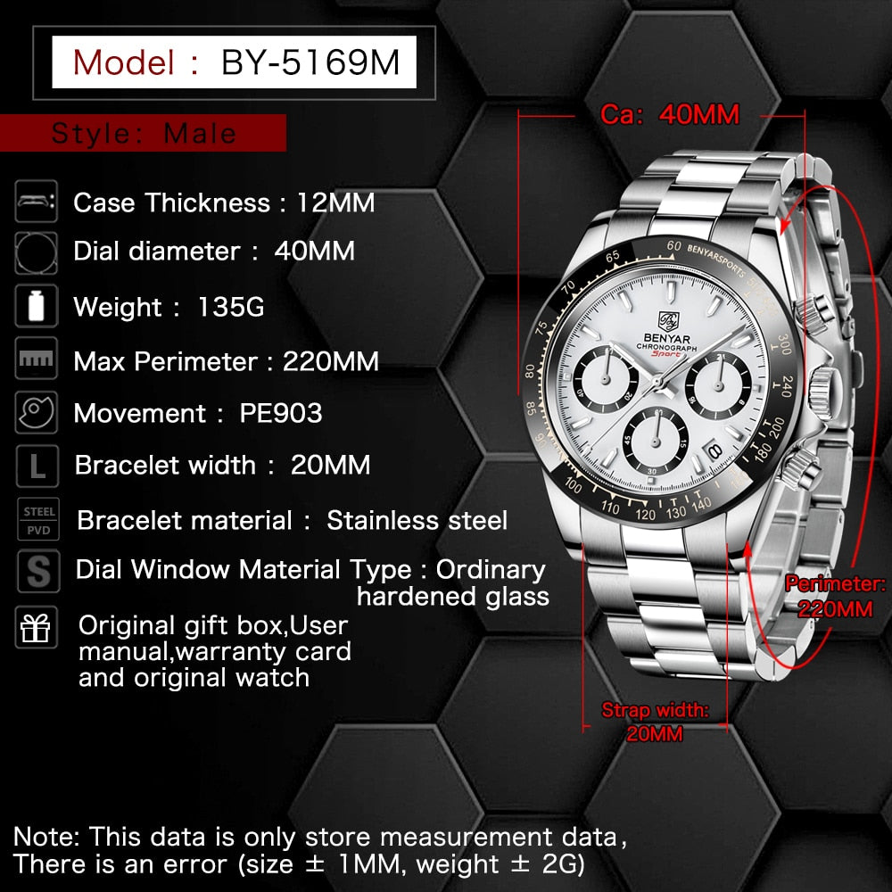 Relojes Hombre 2021 BENYAR New  Watches Men Luxury Brand Chronograph Male Sport Watches Waterproof Stainless Steel Quartz  Watch