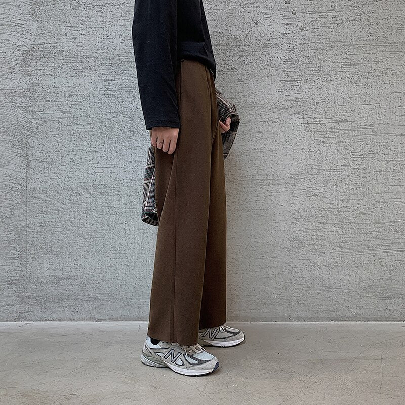 Winter Thick Woolen Pants Men&#39;s Warm Fashion Black Brown Casual Pants Men Korean Loose Straight-leg Pants Mens Trousers S-2XL
