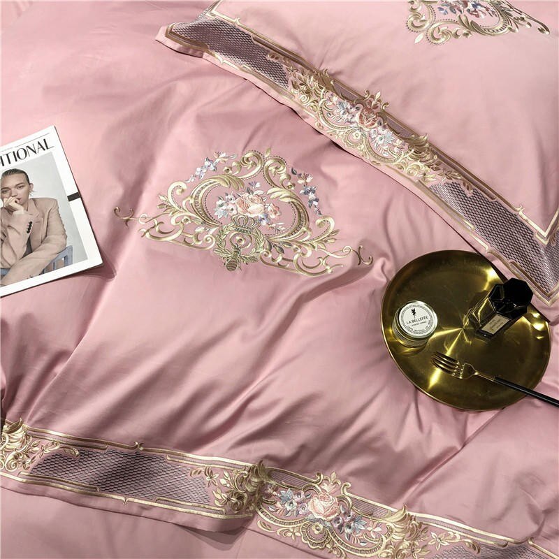Premium 1000TC Egyptian Cotton US Queen King 104X90&quot; Oversize Bedding Set White Pink Embroidery Duvet Cover Bed Sheet Pillowcase