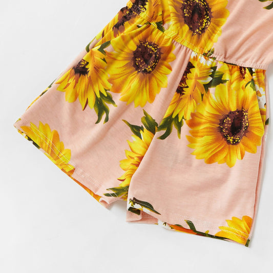 PatPat Sunflower and Daisy Print Matching Black Sling Shorts Rompers