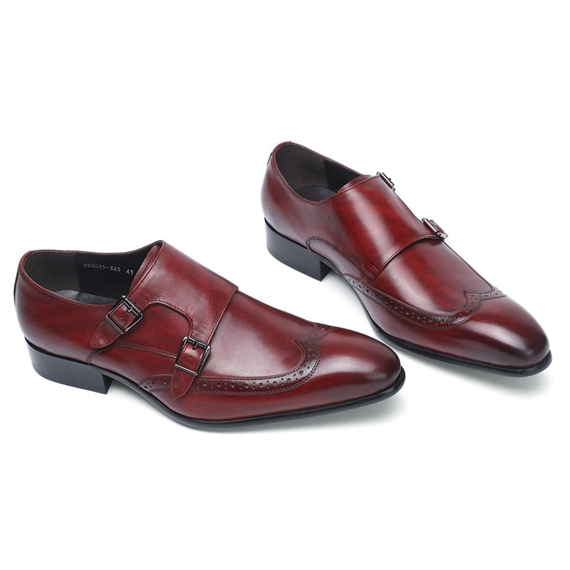 FELIX CHU High Quality Genuine Leather Men Formal Shoes Party Pointed Toe Dressy Wedding Burgundy Black Monk Strap Dress Shoes