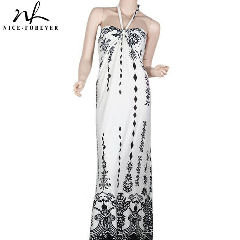 Nice-forever Summer Women Bohemian Beach Printed Dresses Casual Maxi Long Dress bty55a