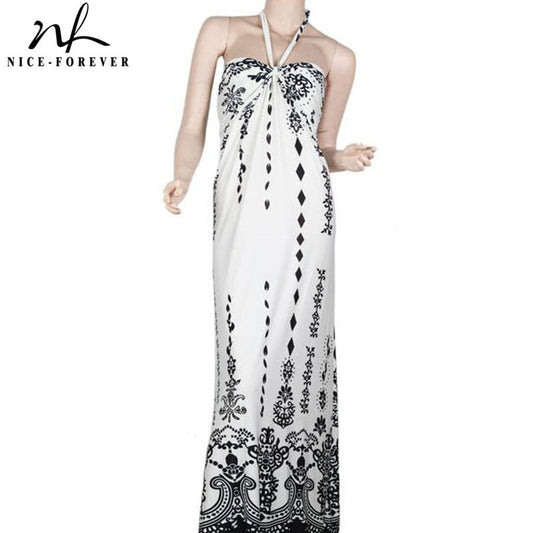 Nice-forever Summer Women Bohemian Beach Printed Dresses Casual Maxi Long Dress bty55a
