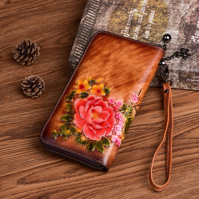 MOTAORA 2022 New Chinese Style Retro Women Wallet Genuine Leather Long Zipper Purse Vintage Handmade Embossed Clutch Card Holder