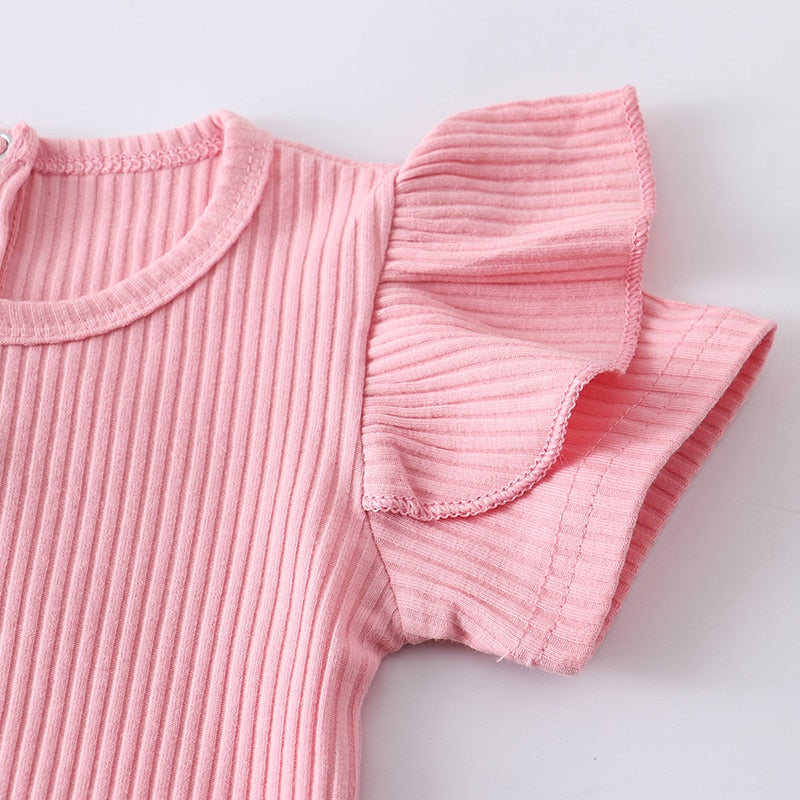 3Pcs Baby Girl Clothes Set Summer Newborn Infant Solid Color Romper Ruffle Floral Dress Overalls Outfit For Toddler Clothing