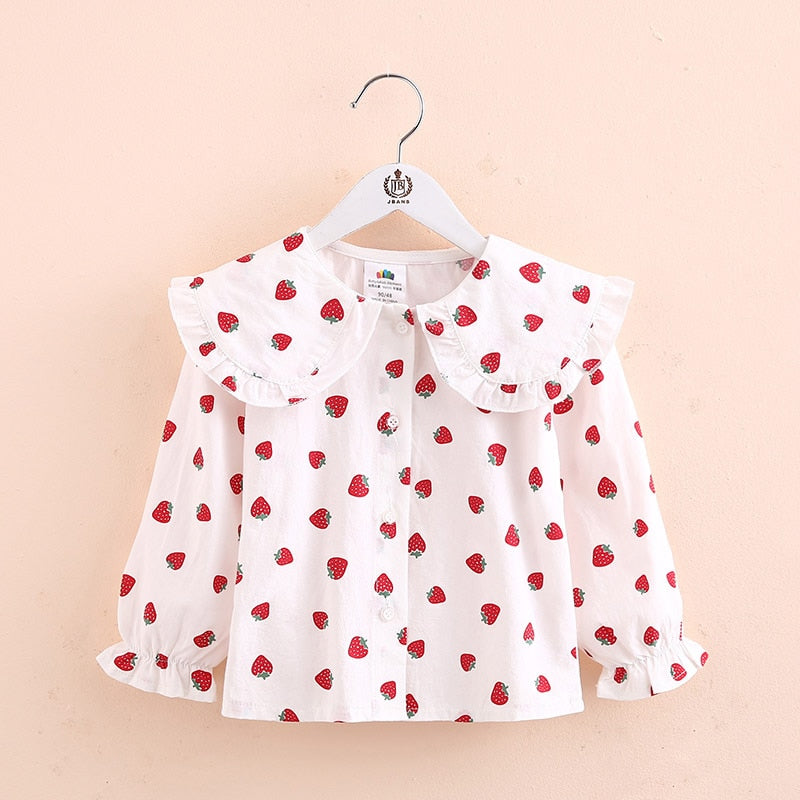 2022 Spring Autumn 2 3 4 6 10Years Toddler Kids Fashion Big Turn Down Collar Full Print Tops Baby Girls Long Sleeve Blouse Shirt