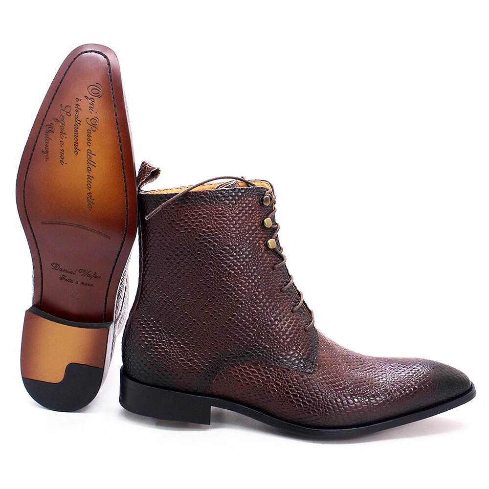 Luxury Mens Ankle Boots Real Cow Leather Snake Pattern Street Style High Top Mid-Calf Lace Up Western Winter Boots for Men 2021