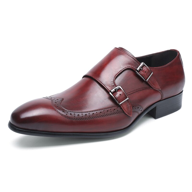 FELIX CHU High Quality Genuine Leather Men Formal Shoes Party Pointed Toe Dressy Wedding Burgundy Black Monk Strap Dress Shoes