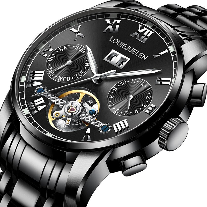 BELUSHI Men Automatic Mechanical Watch Luxury Business Stainless Steel Watches Luminous hands Tourbillon Waterproof Wristwatch