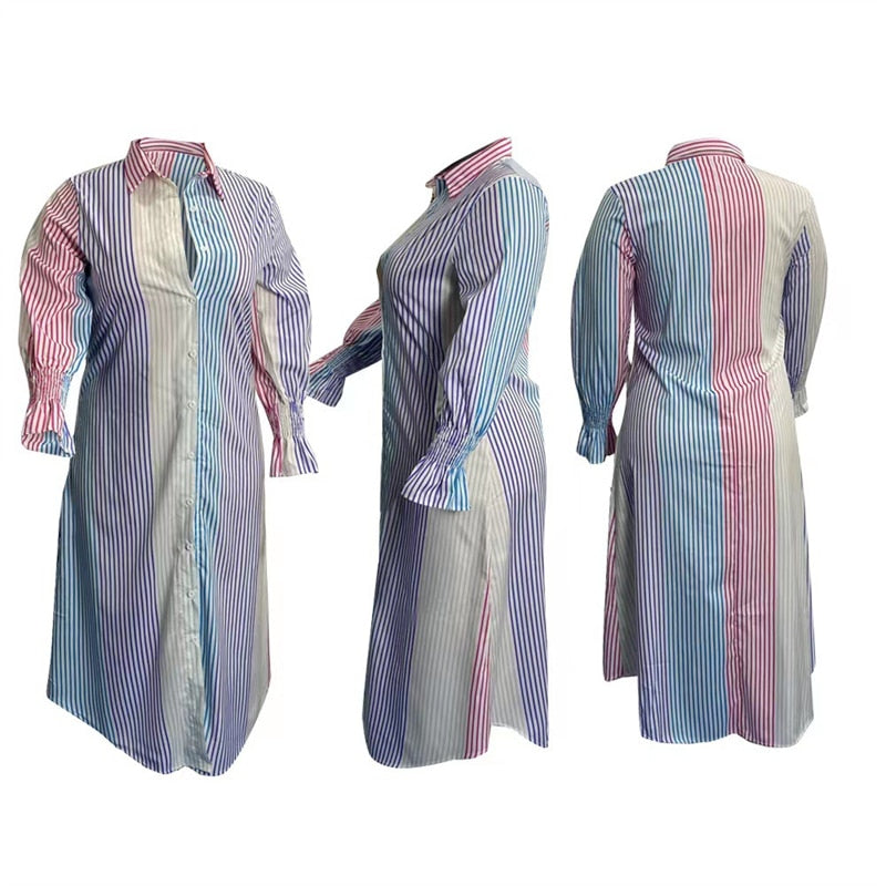 Plus Size Dresses Women Clothing Office Elegant Midi Dress Striped Ladies Long Sleeve Shirt Dress Dropshipping Wholesale