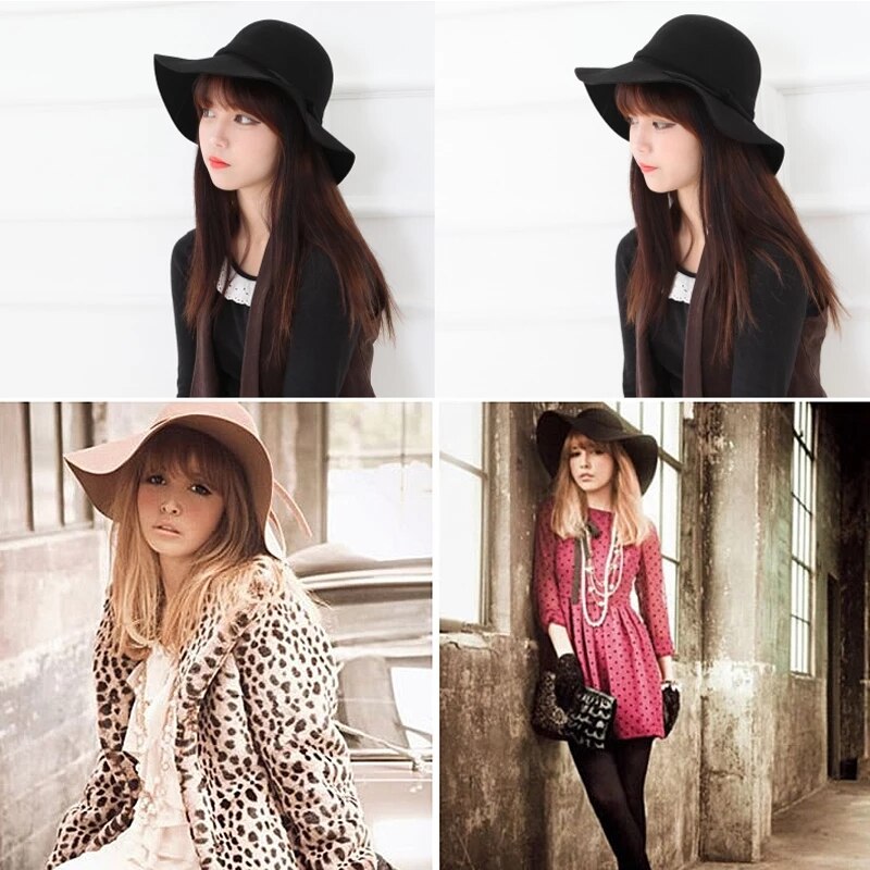 Women&#39;s Wide Brim Felt Bowler Faux Wool Fedora Hat Floppy Sun Bowknot Cloche Cap Bowlers Hat for Ladies gorros mujer invierno