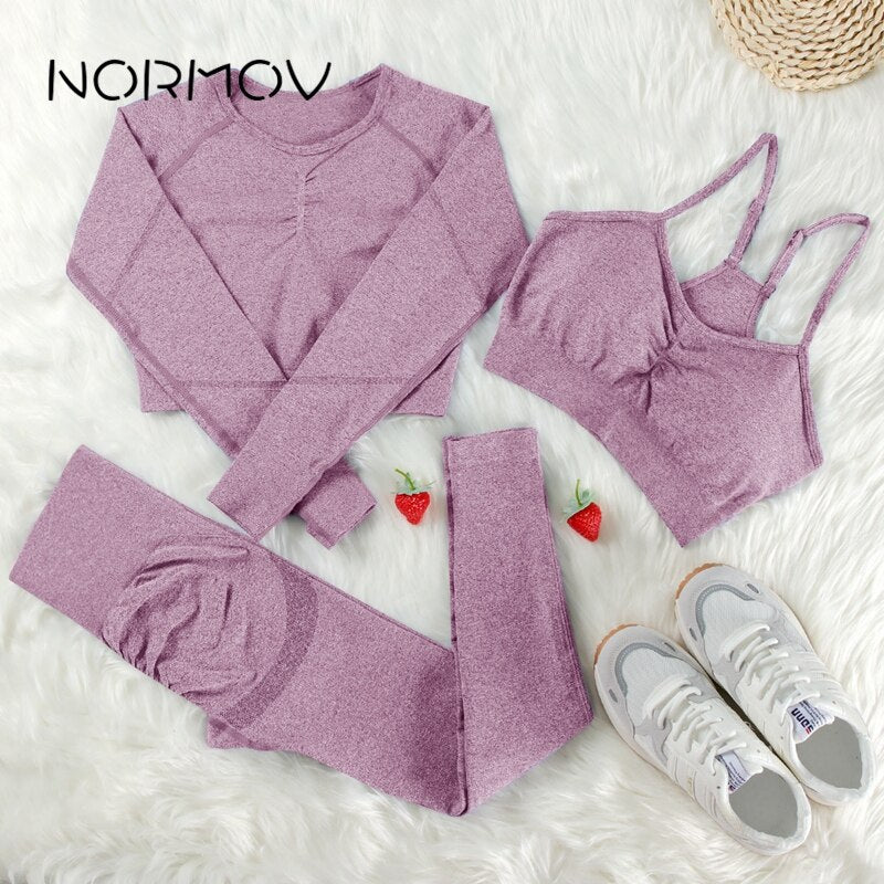 NORMOV Yoga Sets 2/3/4 Pieces Sports Seamless Fitness Suits Gym Sexy Sets 2021 Long Short Women Set Workout Sportswear