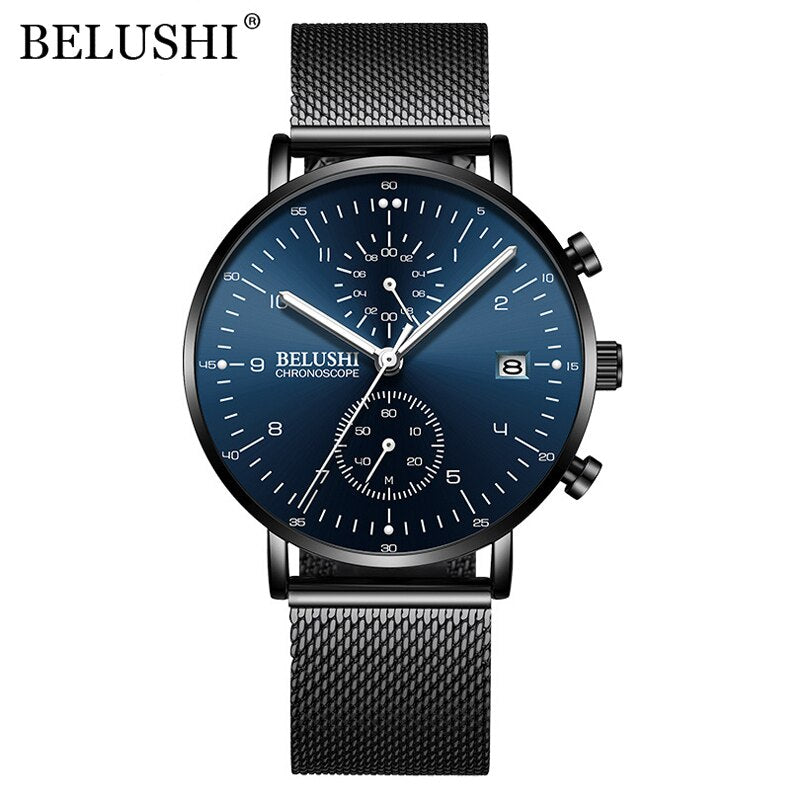 BELUSHI Fashion Men&#39;s Watches Top Brand Luxury Ultra-Thin Mesh Steel Sport Quartz Watch Men Waterproof Clock Relogio Masculino