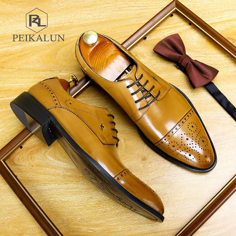Italian Flat Men Dress Shoes Genuine Leather Office Business Wedding Handmade Mixed Color Brogue Formal Pointed Toe Oxfords Male