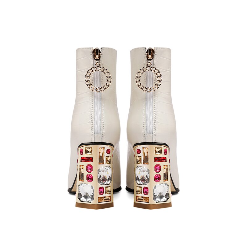 Winter Boots Women Genuine Leather Ankle Ladies Point Toe Short Boots Slip On Zipper Shoes 2022 Black Woman Thick Heel Boots