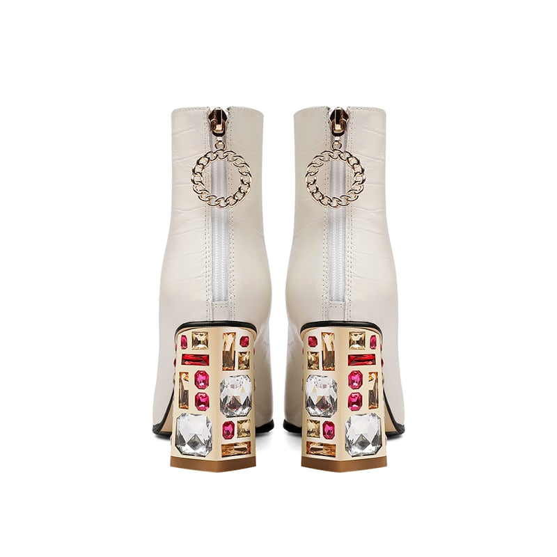 Winter Boots Women Genuine Leather Ankle Ladies Point Toe Short Boots Slip On Zipper Shoes 2022 Black Woman Thick Heel Boots