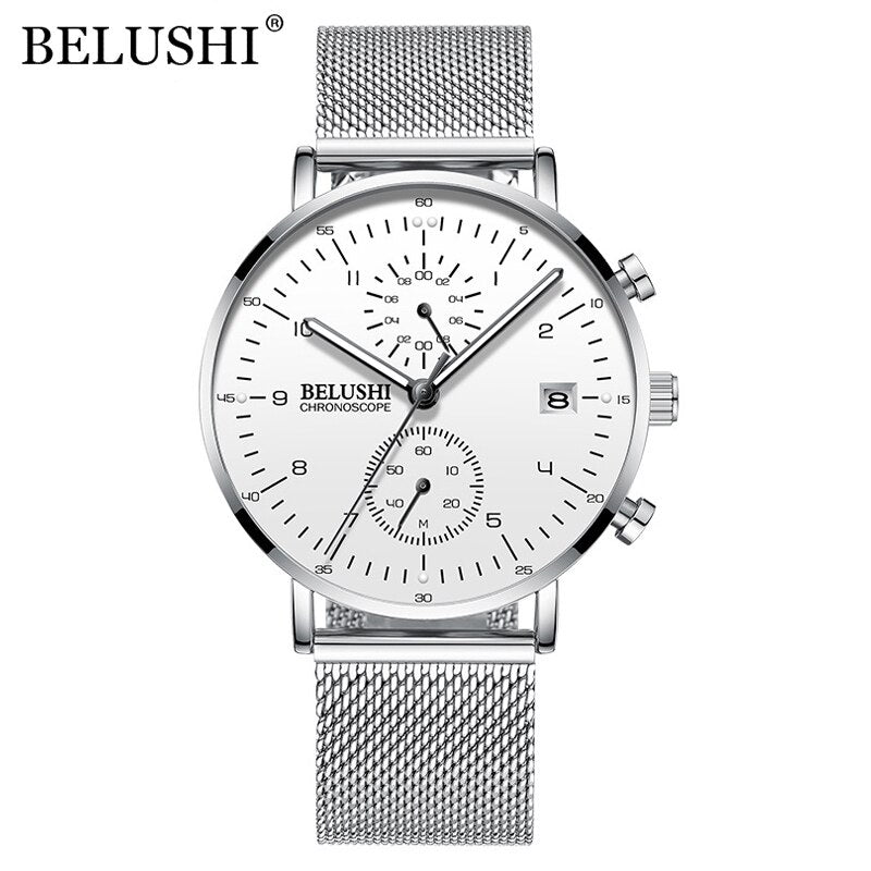 BELUSHI Fashion Men&#39;s Watches Top Brand Luxury Ultra-Thin Mesh Steel Sport Quartz Watch Men Waterproof Clock Relogio Masculino