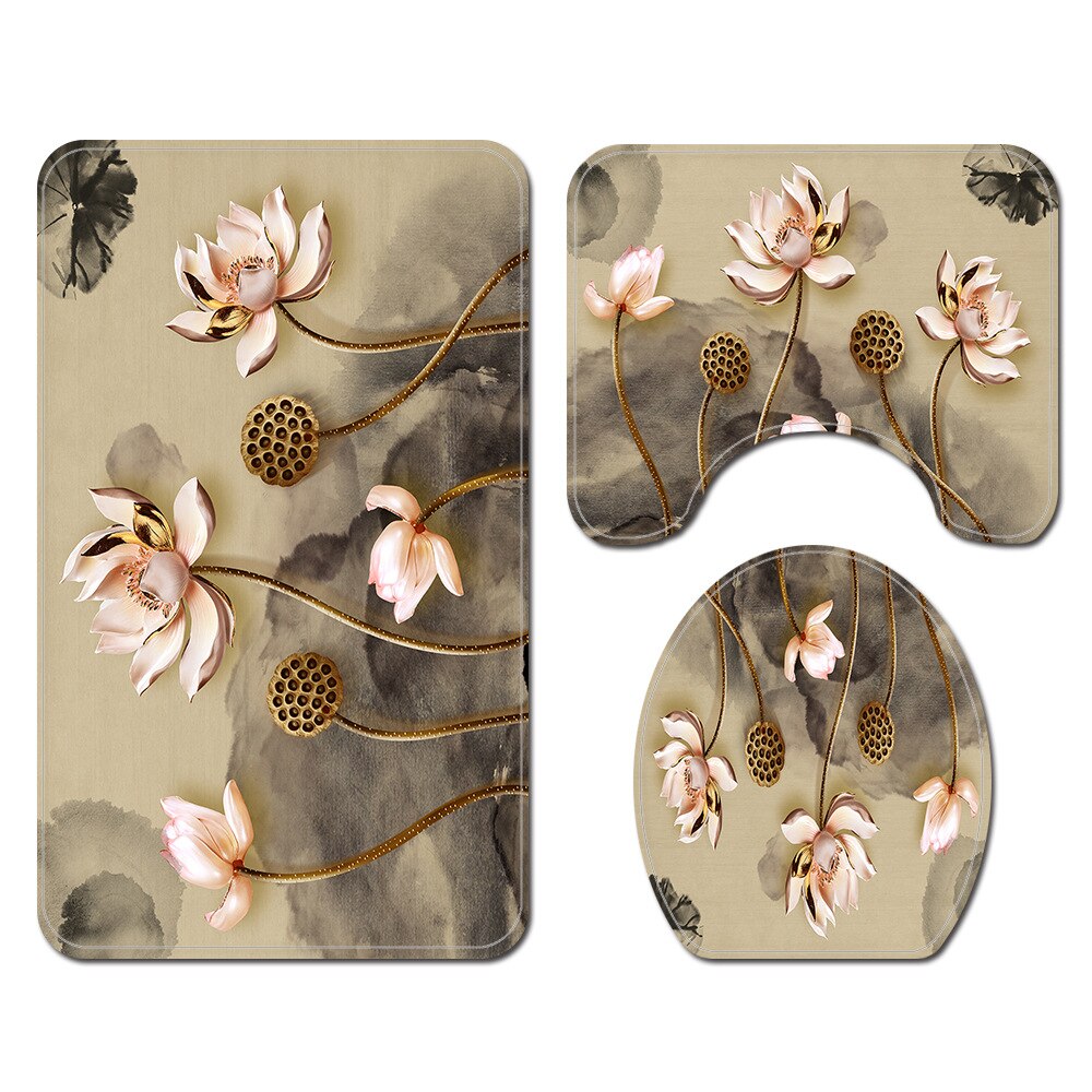 4pcs Floral Bathroom Carpet Bath Curtain Set Toilet Rugs and Shower Curtain Toilet Seat Cover Floor Mat Bathroom Mat Shower Mat