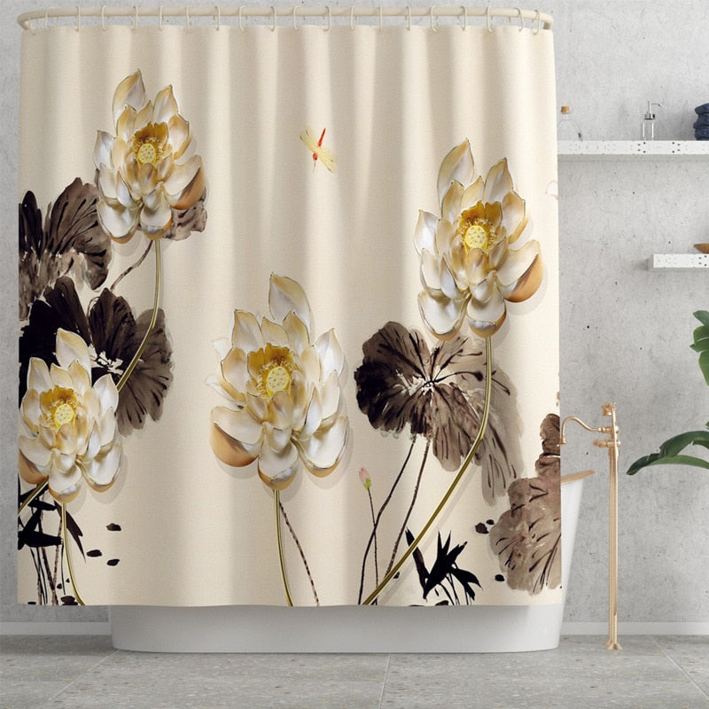4pcs Floral Bathroom Carpet Bath Curtain Set Toilet Rugs and Shower Curtain Toilet Seat Cover Floor Mat Bathroom Mat Shower Mat