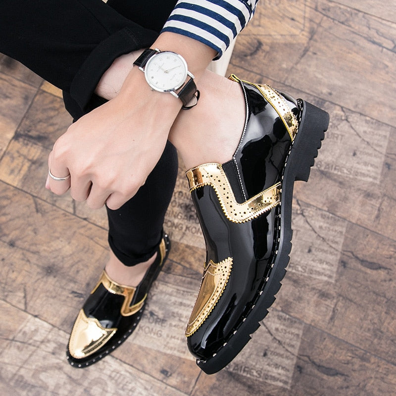 Platform leather shoes Casual Men Brogue Patent Leather Shoes Man lace up Oxford Dress Shoes Elevator Formal club party shoes