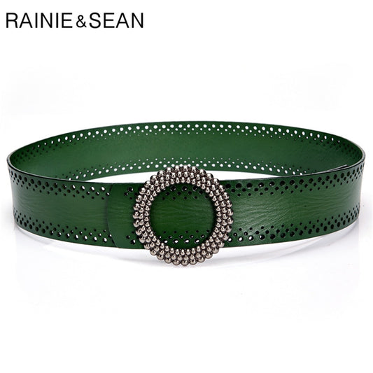 RAINIE SEAN Blackish Green Women Belt No Hole Ladies Belts for Dresses Real Leather High Quality Apparel Accessories 100cm