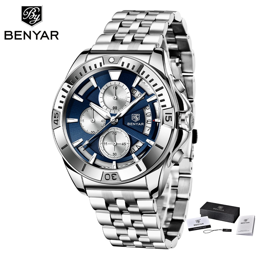 BENYAR Top Brand New Men Watch Stainless Steel Jubilee Watch Band Waterproof 30M Chronograph Luxury Men Quartz Wristwatch reloj
