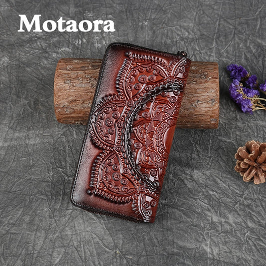 MOTAORA Retro Girl&#39;s Wallet Long Hand Bag Women&#39;s Leather Handmade Embossed Floral Phone Purse Chinses Style Ladies Card Holder