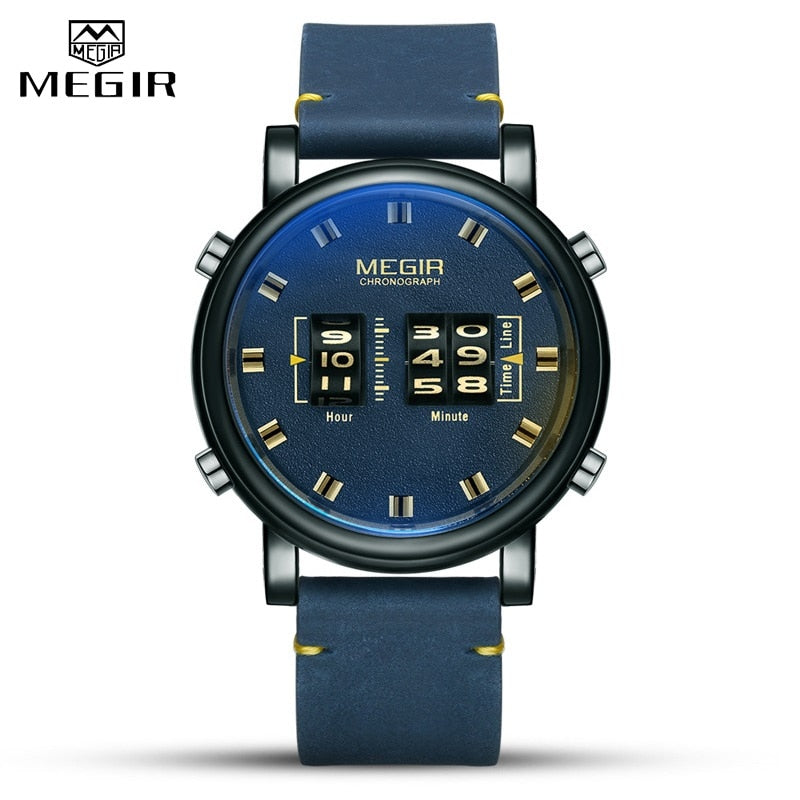 MEGIR Fashion Men&#39;s Roller Design Business Clock Men Quartz Watch Leather Waterproof Casual Sport Mens Watches Relogio Masculino