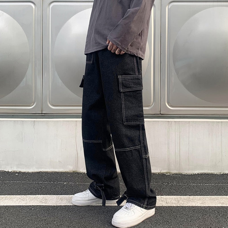 Men Wide Leg Jeans Hip Hop Casual Men&#39;s Straight Baggy Denim Pants Streetwear Skateboard Pant Neutral Trousers Plus Size S-5XL