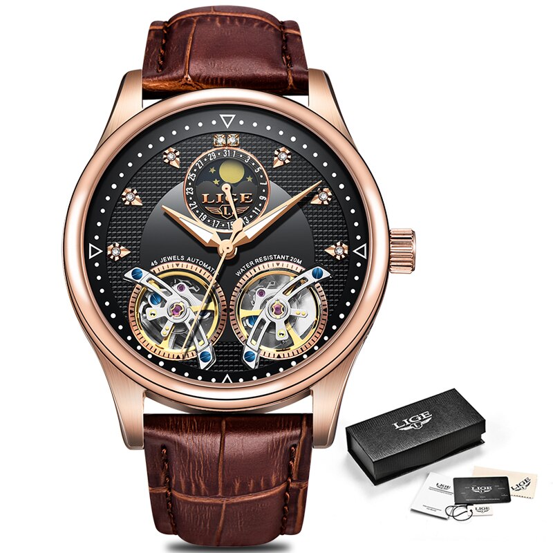 Reloj LIGE Men Watch Mechanical Tourbillon Luxury Fashion Brand Leather Male Sport Watches Men Automatic Watch Relogio Masculino