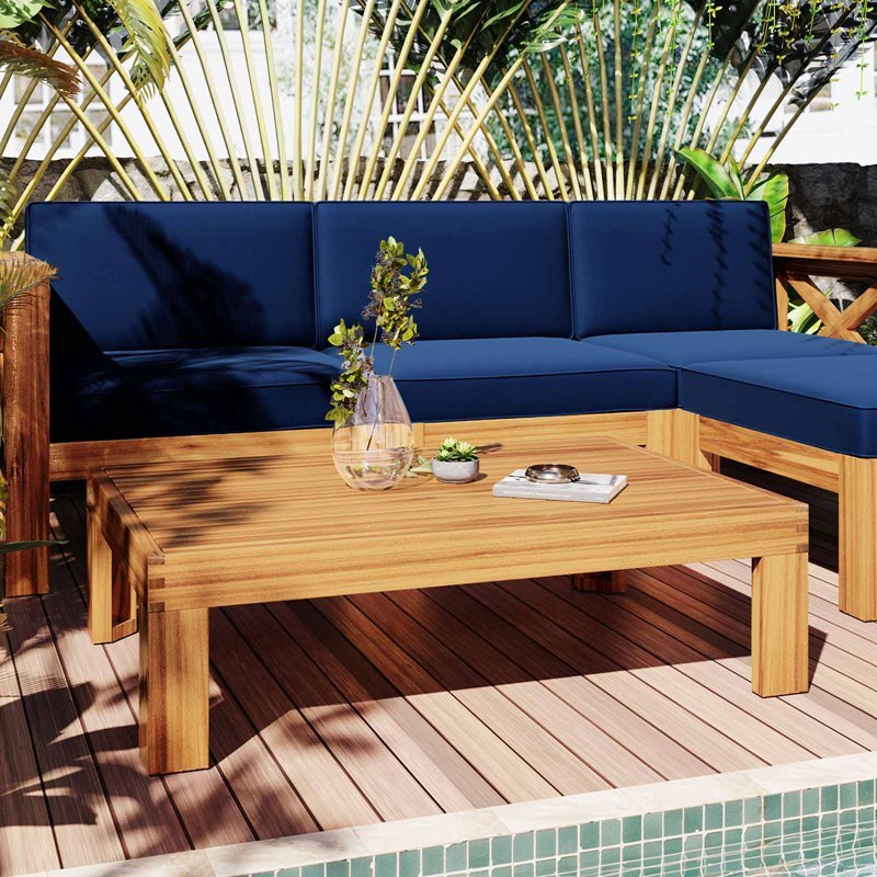 Outdoor Backyard Patio Wood 5-Piece Sectional Sofa Seating Group Set With Cushions, Natural Finish+ Blue Cushions