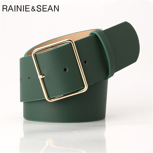 RAINIE SEAN Army Green Women Belt Ladies Waist Belt for Trousers Casual Buckle Pu Leather Wide Belt Women Accessories 104cm