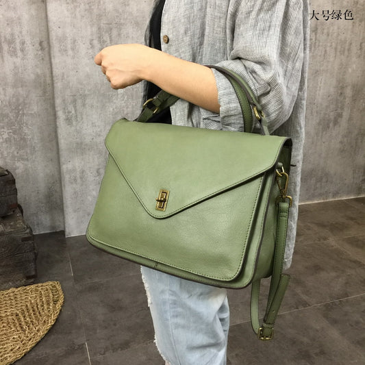 Women Briefcase Genuine Leather Handbags Female Commuter Lock Bag Simple Shoulder Messenger Bag Green 2022 Business Casual Soft