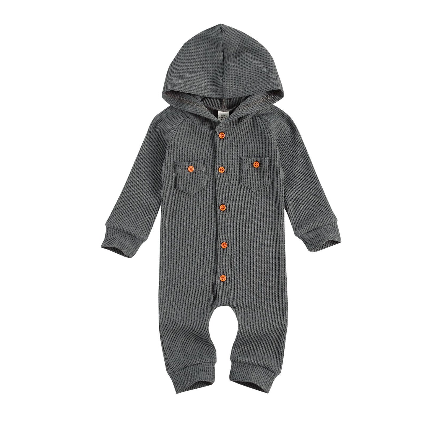 lioraitiin 0-24M Newborn Baby Boy Girl Fall Waffle Pattern Rompe Long Sleeve Single Breasted Hooded Jumpsuits Two Front Pockets