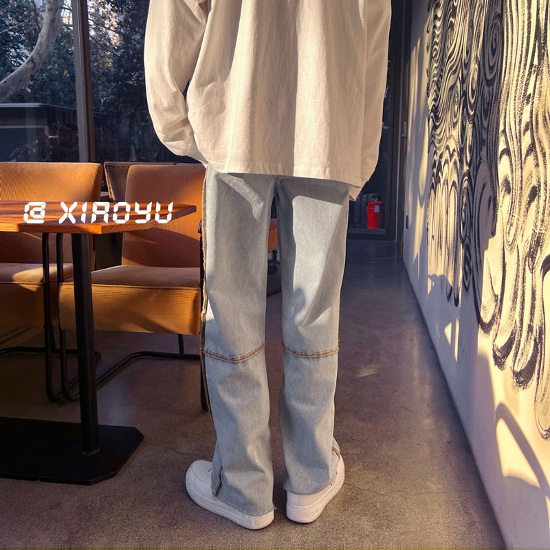 Mens jeans Fashion All-match Trousers Jeans Korean Style High Street Loose Hip Hop Wide-leg Jean Pants Black/Blue