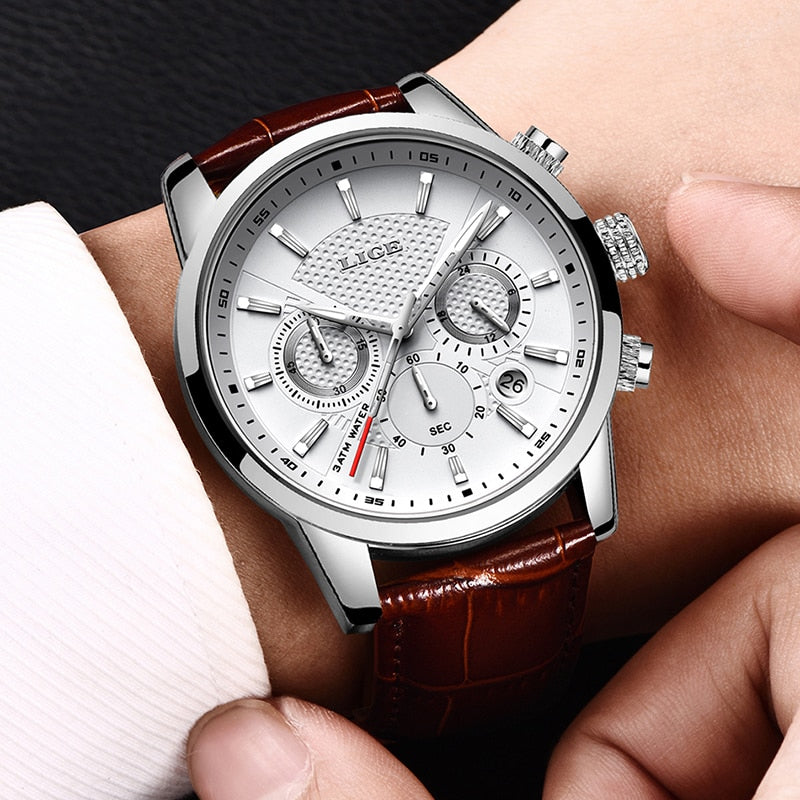 2022 New Mens Watches LIGE Top Brand Leather Chronograph Waterproof Sport Automatic Date Quartz Watch For Men Relogio Masculino