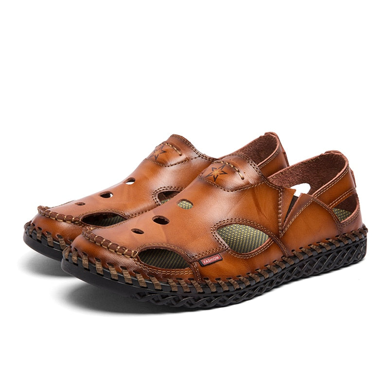 Summer Genuine Leather Sandals for Men Outdoor Beach Slip-On Hiking Trekking Handmade Sewing Leisure Non-slip Soft Size 38-45
