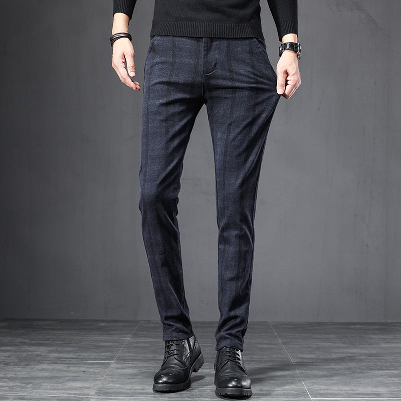 2022 Autumn Winter England Plaid Work Stretch Pants Men Business Fashion Slim Thick Grey Blue Casual Pant Male Brand Trousers 38