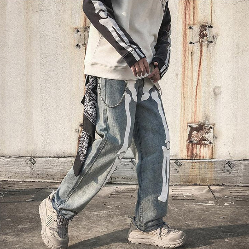 Men Jeans Skeleton Oversized Straight jeans Black Pants 2021 Denim Mens Streetwear Hip Hop Harem Pants High Wasit Denim Pants