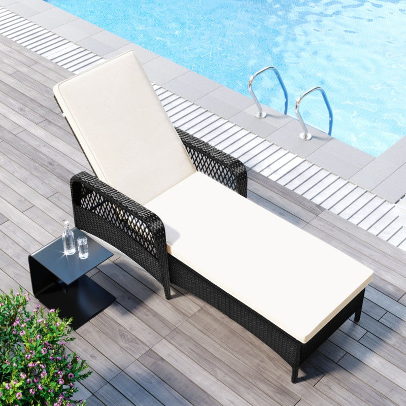 2 PCS Outdoor Patio Chaise Lounge PE Rattan Wicker Chair Wicker Sun Lounger, Adjustable Backrest, Beige Cushion, Black Wiker