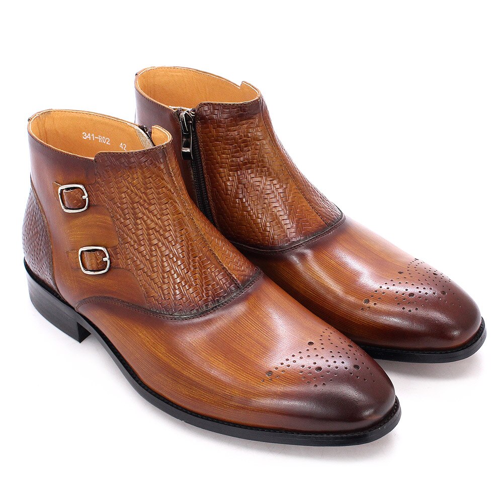 British Style Mens Ankle Boots Genuine Leather Handmade Zip Strap Double Buckle High Top Fashion Dress Shoes Boots Men Black