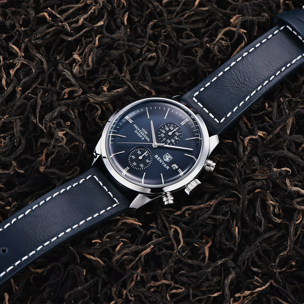 2022 New BENYAR Leather Men Quartz Wristwatches Luxury Brand 100M Waterproof Men Watch Military Sports Chronograph Watch for Men