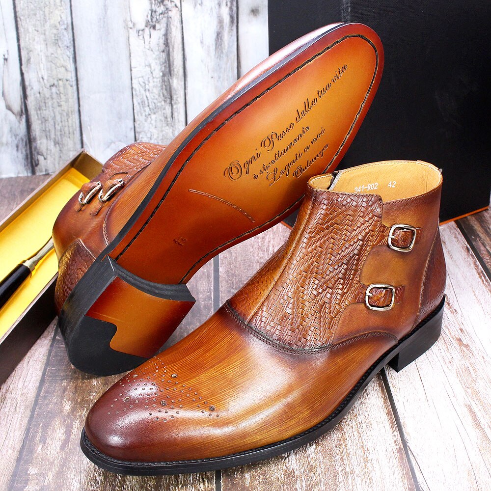 British Style Mens Ankle Boots Genuine Leather Handmade Zip Strap Double Buckle High Top Fashion Dress Shoes Boots Men Black