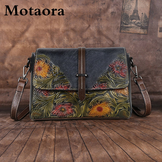 MOTAORA Women Shoulder Bag Genuine Leather Handbag Female Luxury Handmade Embossed Vintage Flap Bag Chinese Style Messenger Bags