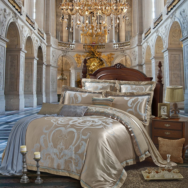 Sliver Gold Luxury Silk Satin Jacquard duvet cover bedding set queen king size Embroidery bed set bed sheet/Fitted sheet set