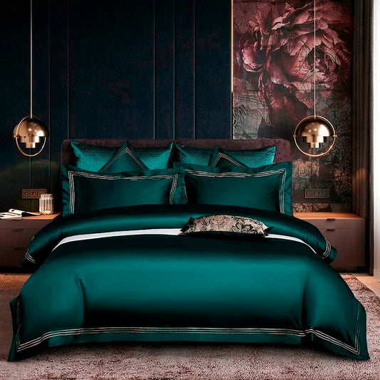 Bedding Set - Embroidered Deep Green Blue Duvet Cover Premium Soft Egyptian Cotton Bedding set Double Queen King 4/6Pcs Bed Sheet Pillowcases