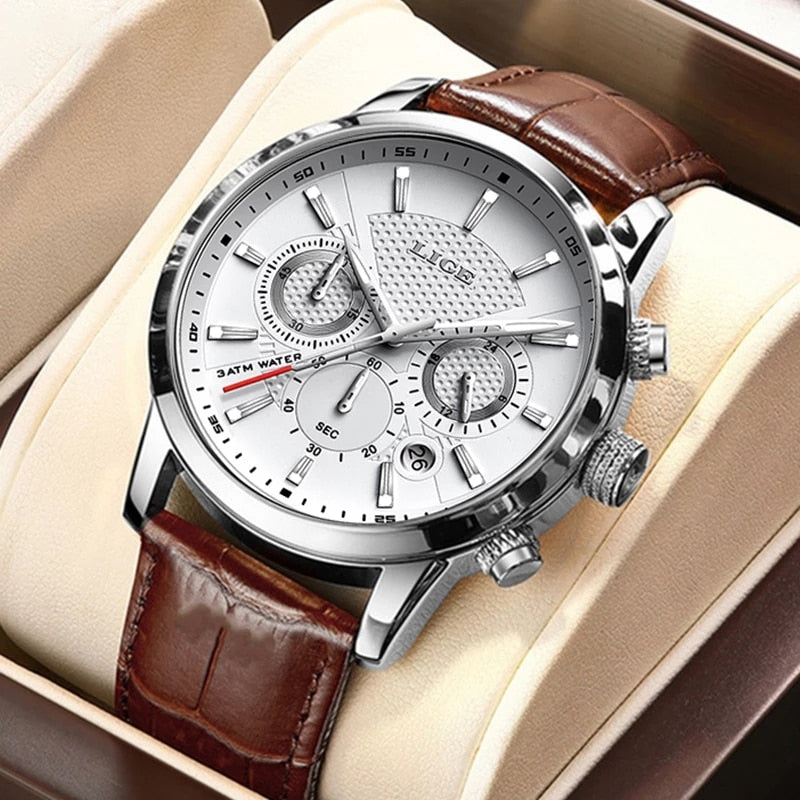 2022 New Mens Watches LIGE Top Brand Leather Chronograph Waterproof Sport Automatic Date Quartz Watch For Men Relogio Masculino