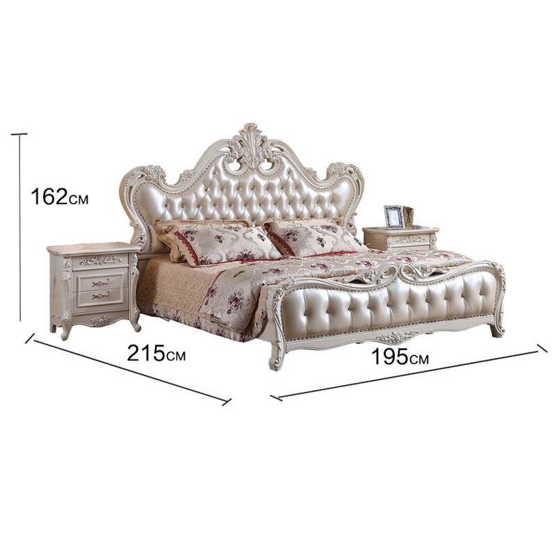 European Style Carved Leather Bed Wedding Bed 1.8 Meters Furniture Leather All Solid Wood Carved Bed Princess Double Bed