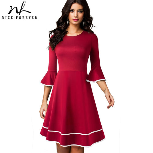 Nice-forever Autumn Solid Color with Flare Sleeve Retro A-Line Dresses Christmas Party Swing Women Dress A233